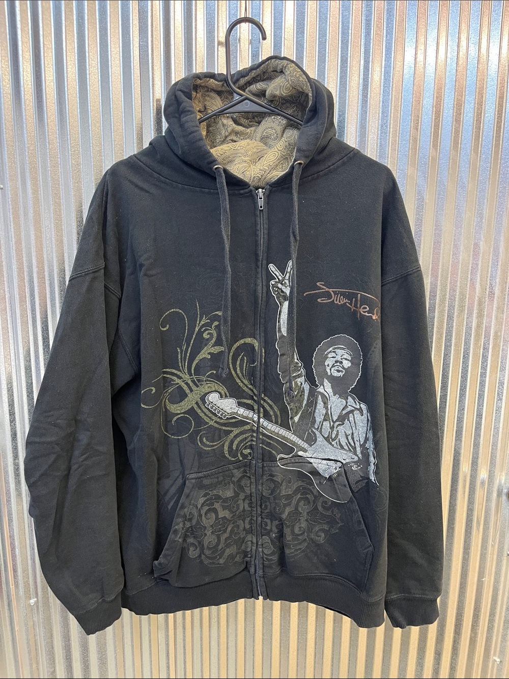 Black Graphic Zip-Up Hoodie Jacket with Guitarist Motif